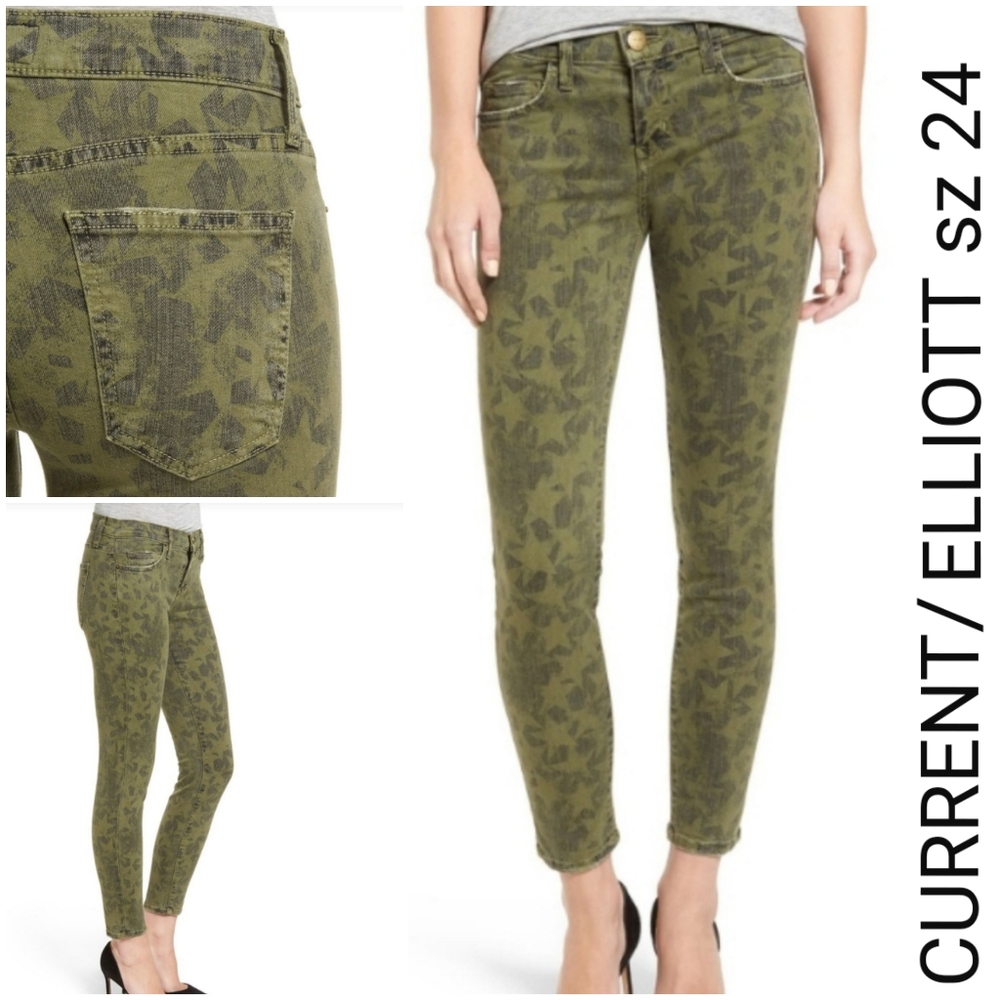 Current Elliott Geometric Star Starstruck Army Green Camo Print Ankle Jeans 24
